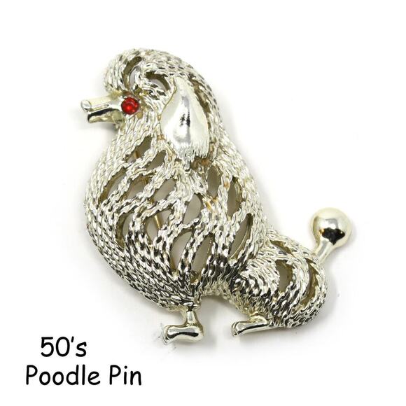 Vintage 50s Poodle Pin Gold Metal Detailed Fur Rhinestone Eye 1.75" - Hey Viv - Picture 1 of 3